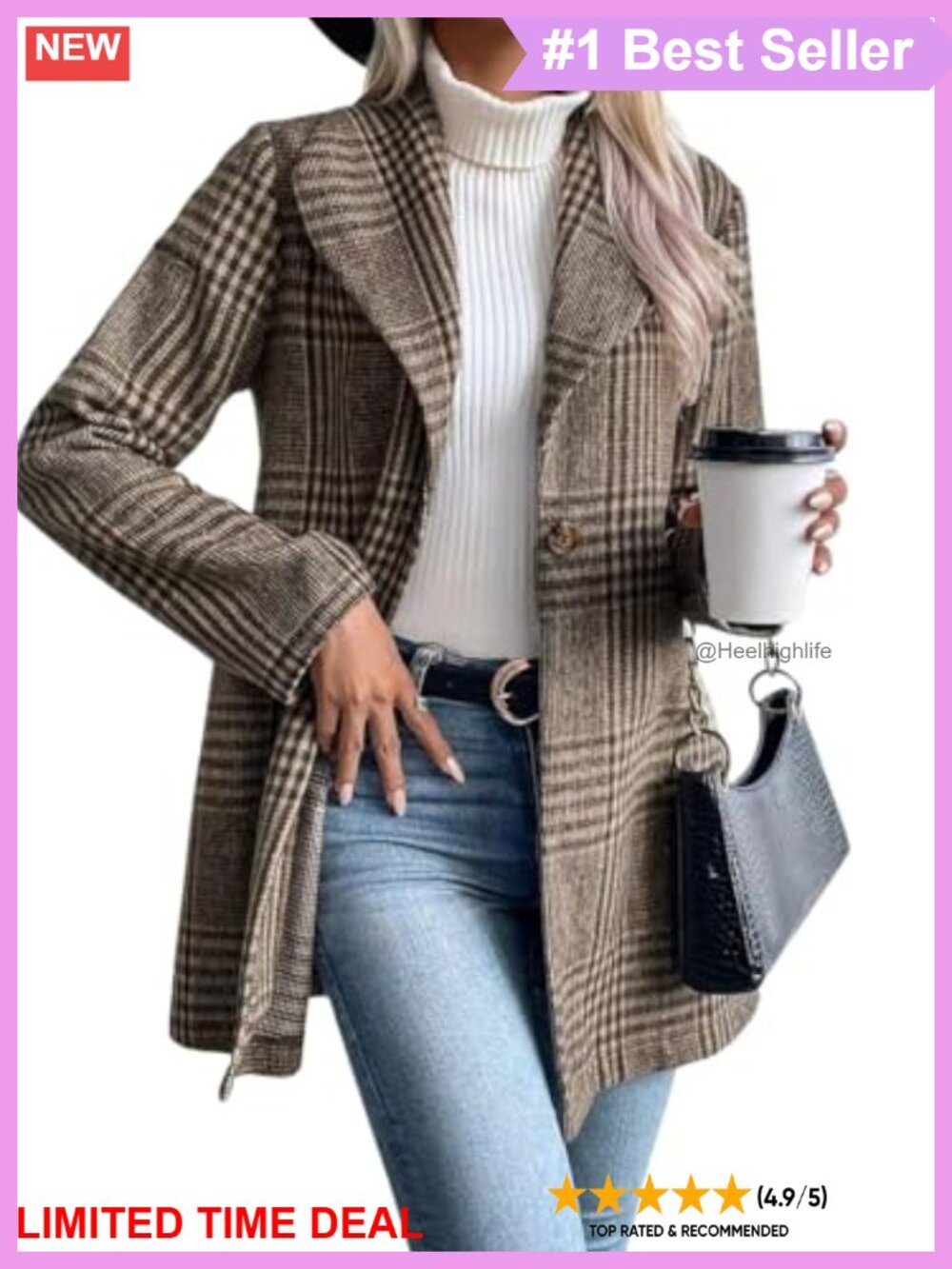 Wool Blend Plaid Shawl Collar Blazer Business Casual